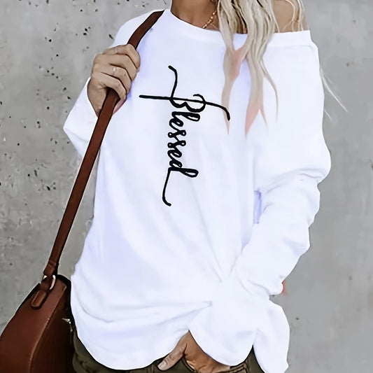 Ladies Off Shoulder Autumn Winter Letter Printed Casual White Long Sleeved T-shirt Top